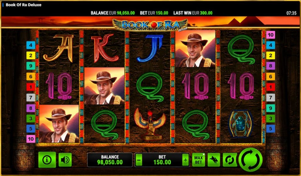 Book of Ra Deluxe gameplay screen showing bet size at Slotimo Casino