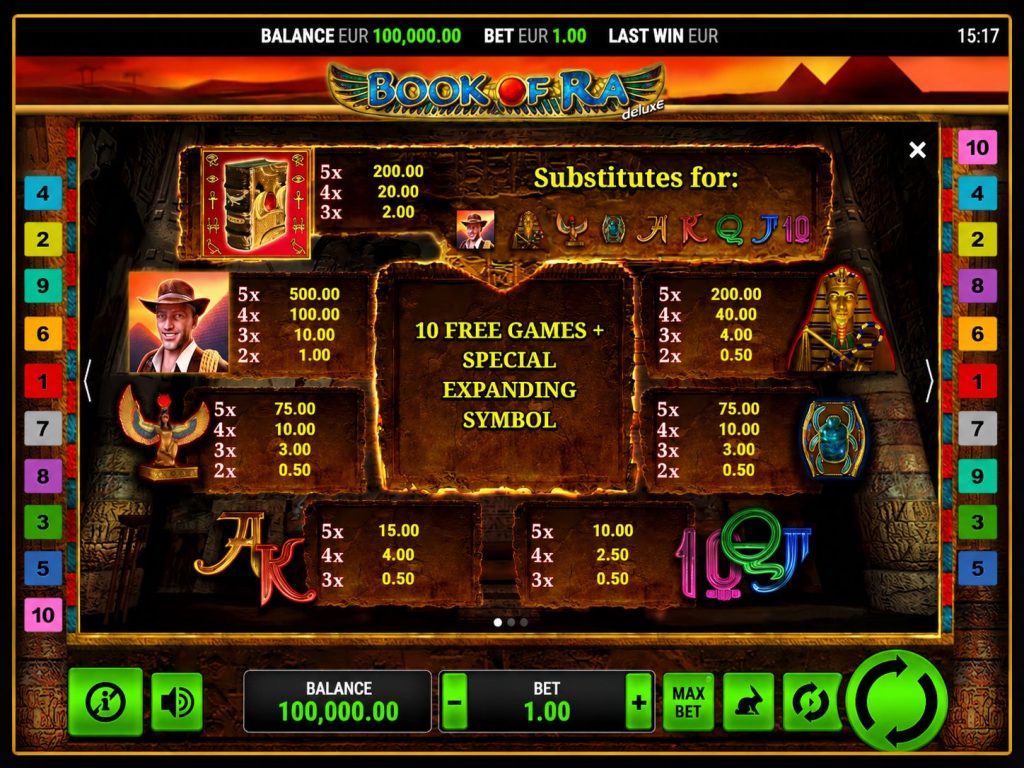 Book of Ra Deluxe slot symbols and paytable screen